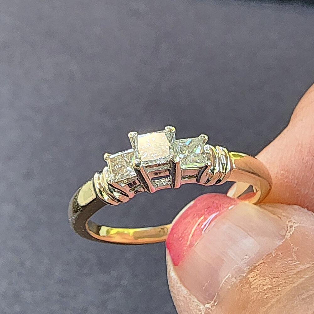 14K Yellow White Gold Past Present Future Princess Cut Diamond Ring - Picture 8 of 11